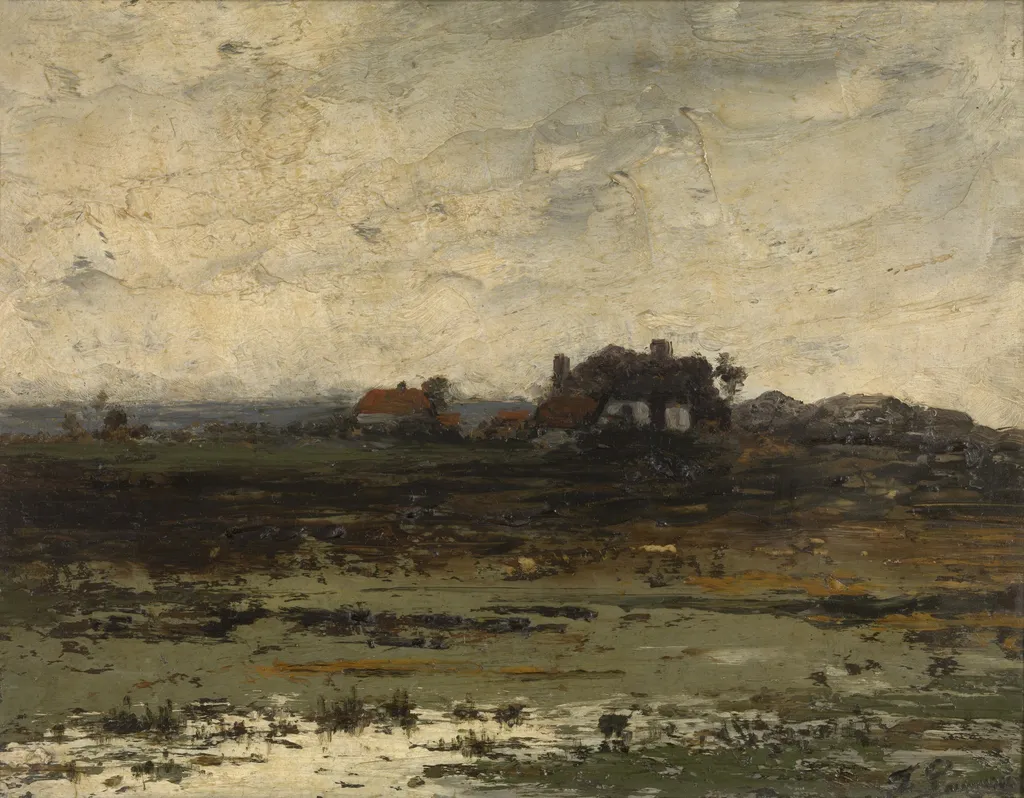 Farms at Sunset, by Jean Pierre François Lamorinière, oil, 1878