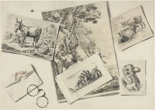 Trompe l'Oeil: Old Prints, a Torn Envelope with Horn-rimmed Glasses, and a Housefly, by Jean-Pierre-Xavier Bidauld