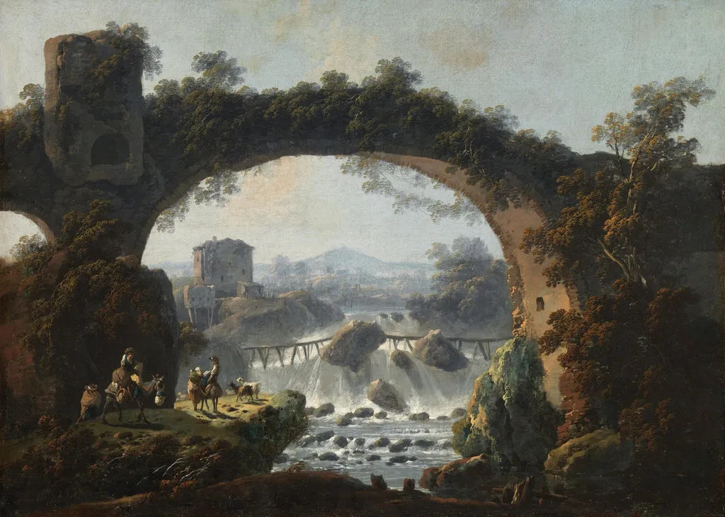 Landscape with Muleteers and Peasants, by Jean Pillement, oil, 1796