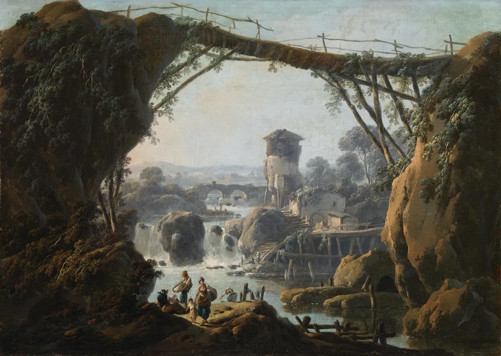 Landscape with Washerwomen and Peasants, by Jean Pillement, oil, 1796