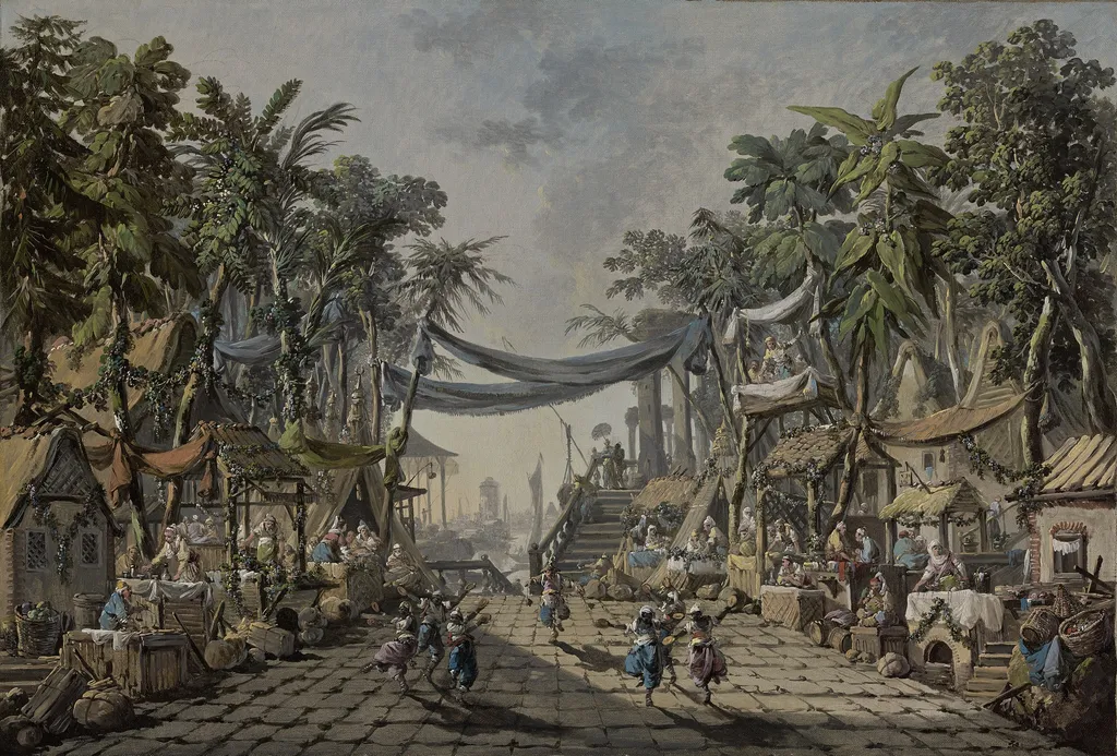 Market Scene in an Imaginary Oriental Port, by Jean Pillement, oil, 1764