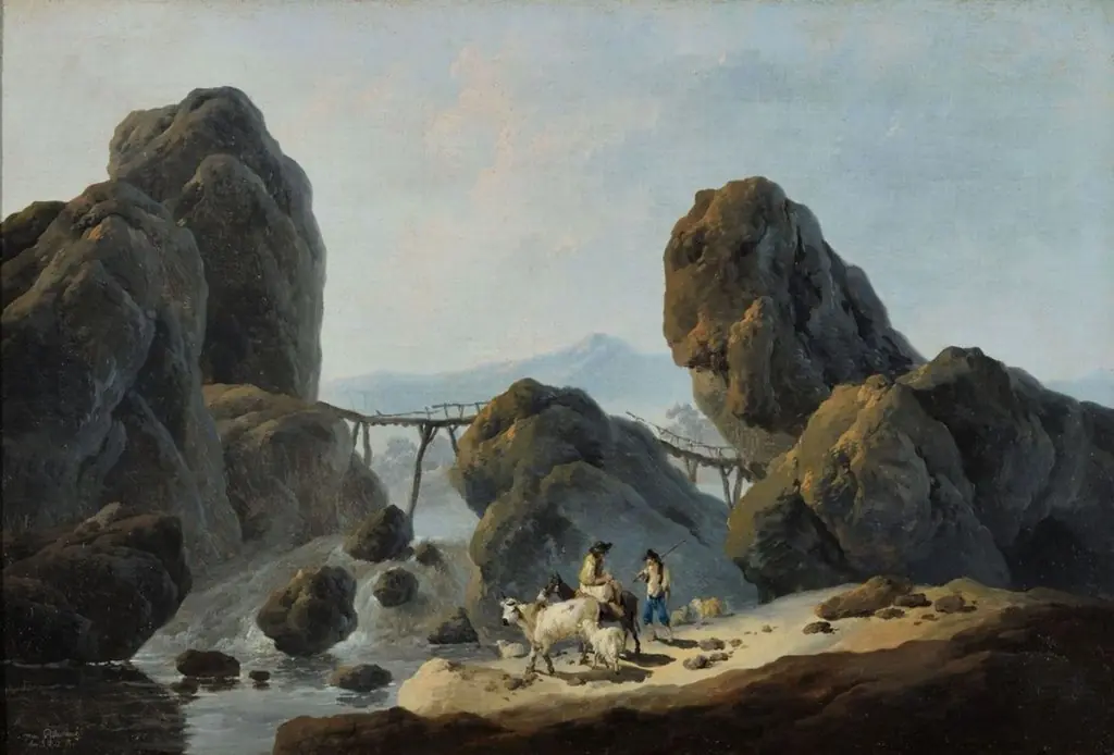 Rustic bridge leaning on rocks, by Jean Pillement