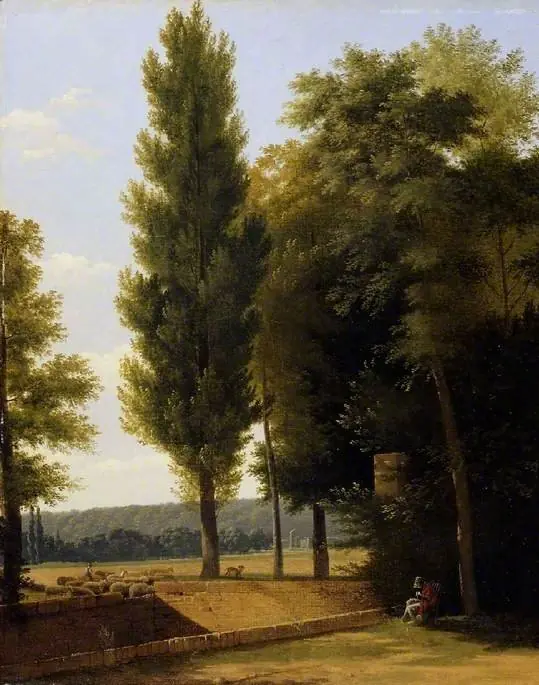 Landscape with sheep and a woman sewing, by Jean-Victor Bertin