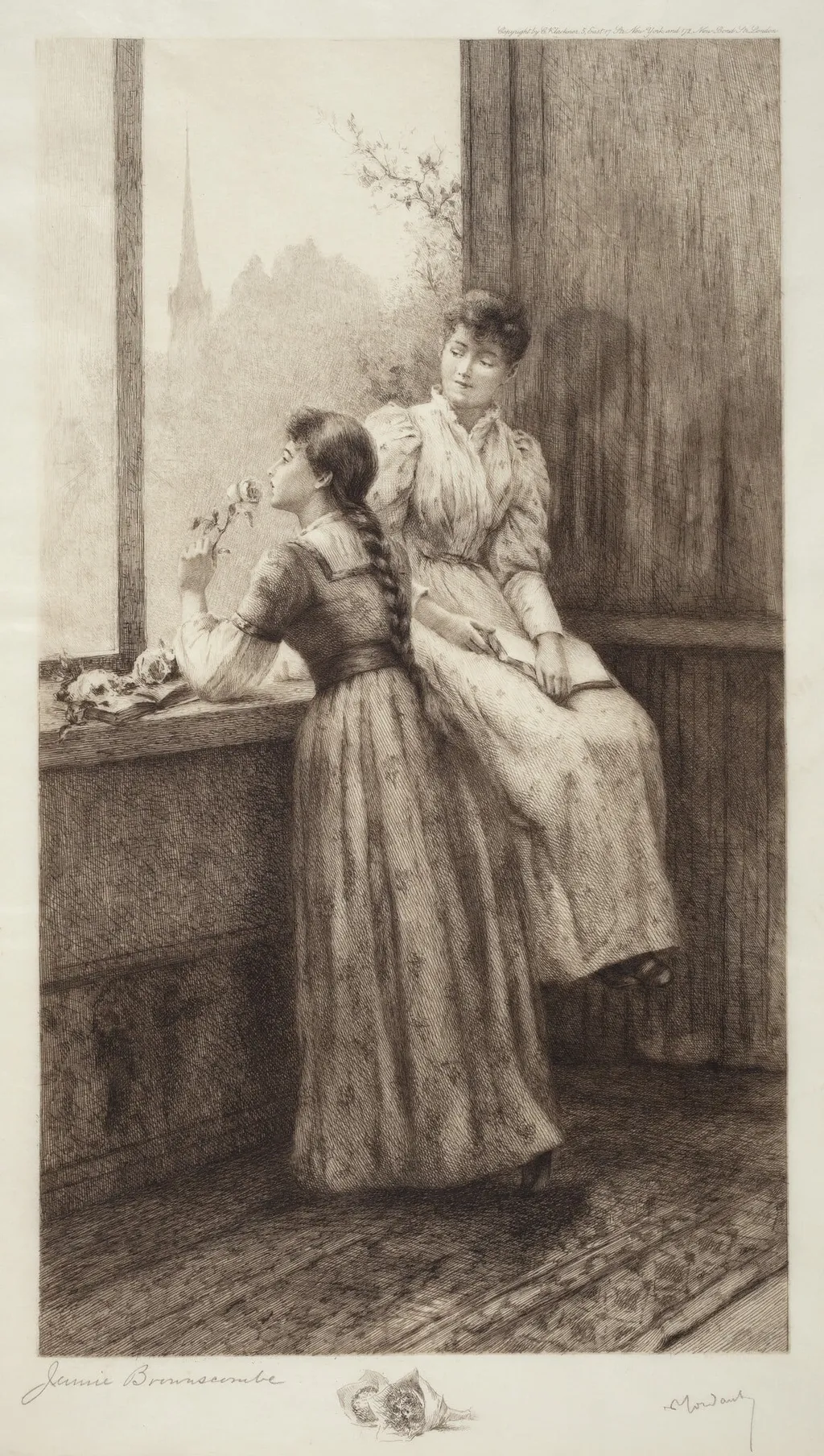 Untitled (Two Girls at a Window), by Jennie Augusta Brownscombe, ink, 1894