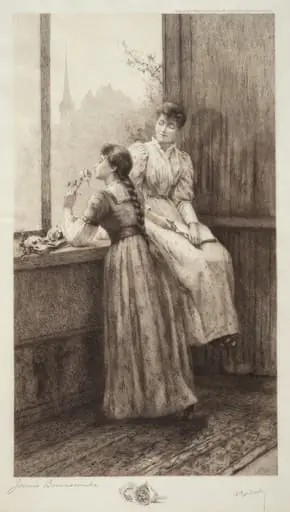 Untitled (Two Girls at a Window), by Jennie Augusta Brownscombe