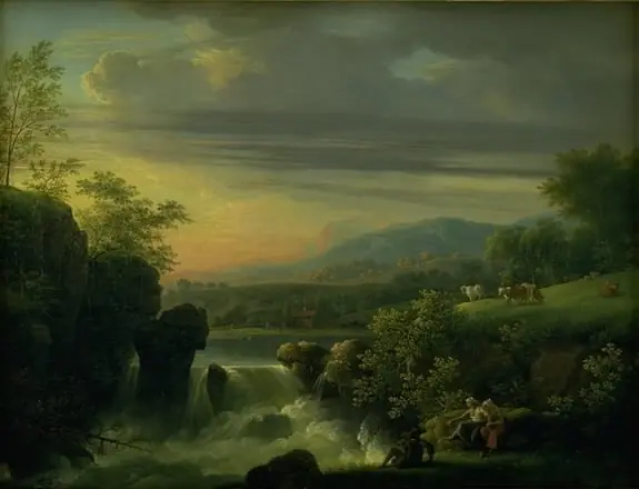 A Mountainous Landscape with a Waterfall. Sunrise, by Jens Juel