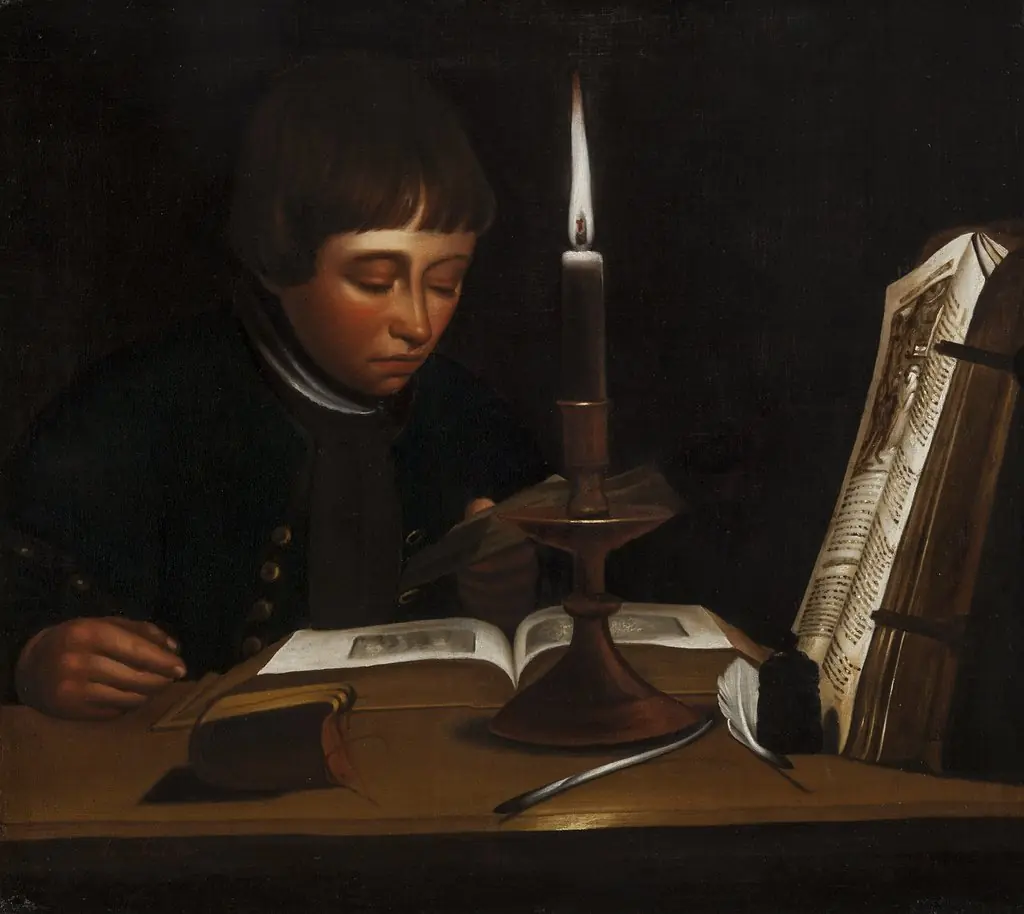 Boy Reading at Artificial Light, by Jens Juel