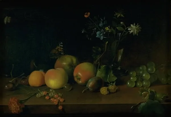 Flowers and Fruit on a Table, by Jens Juel, oil, 1796