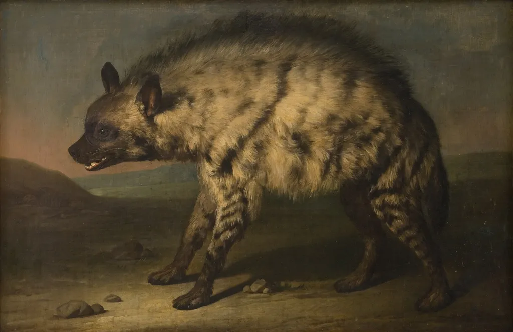 Hyena from the zoo at Frederiksberg Castle, by Jens Juel, oil, 1767