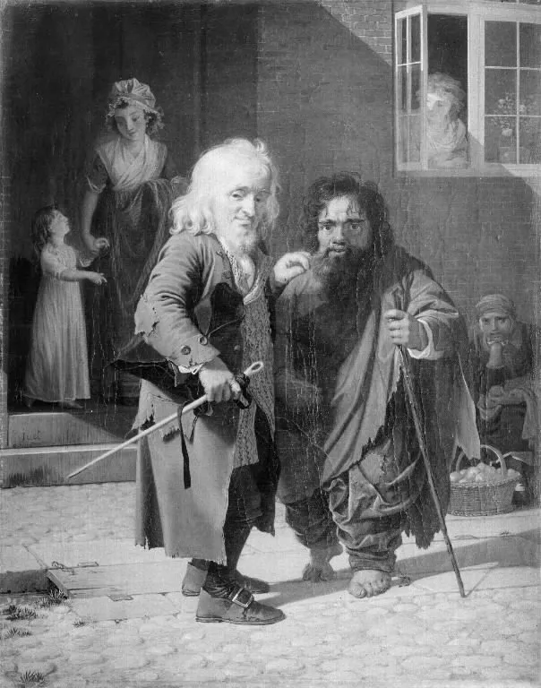Two Dwarfs: Obligeert, a Jewish pigtail-ribbon Vendor, beside the Roman Dwarf Bajocco in one of the Streets of Copenhagen, by Jens Juel, oil, 1798