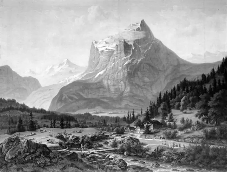 Et schweizerlandskab med bjerget Wetterhorn, by Jens Peter Møller