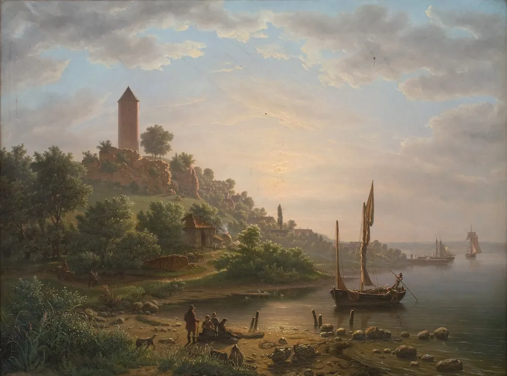 Kysten ved Vordingborg med Gåsetårnet en tidlig morgen, by Jens Peter Møller, oil, 1848