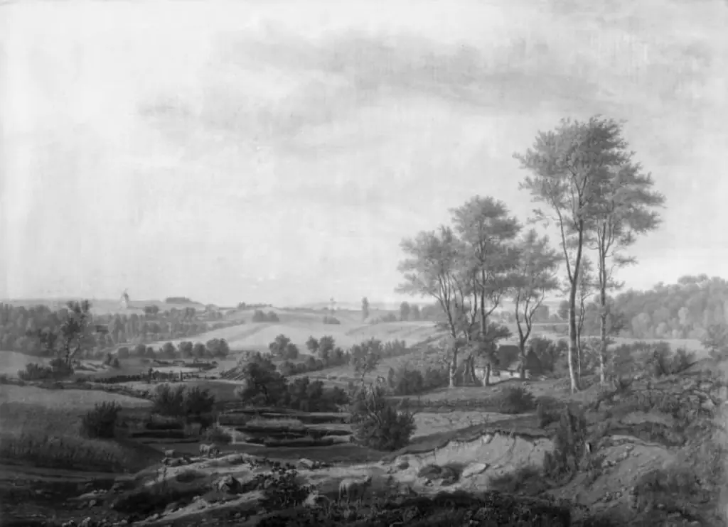 Nordsjællandsk landskab. I baggrunden den svenske kyst, by Jens Peter Møller