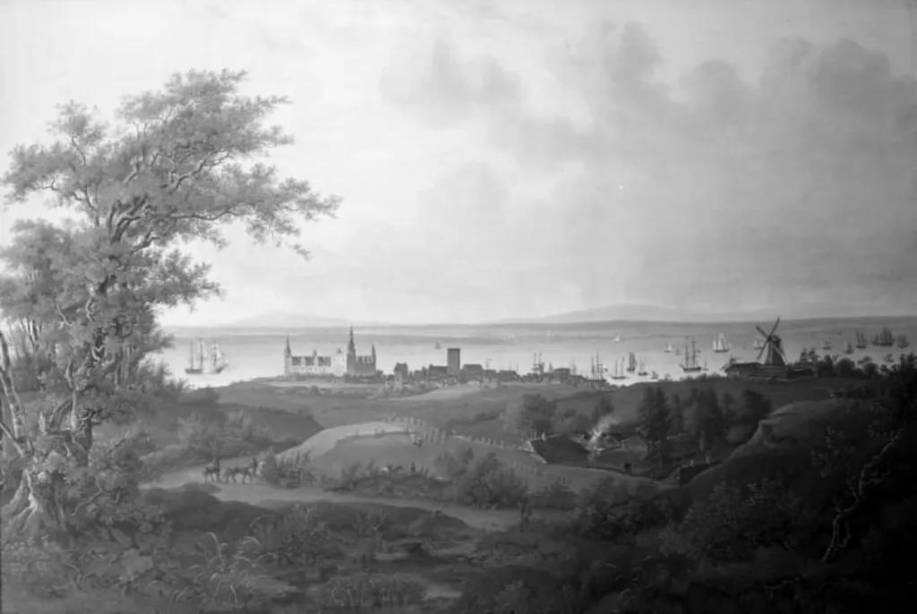 Udsigt over Kronborg, Helsingør og Sundet, by Jens Peter Møller, oil, 1825