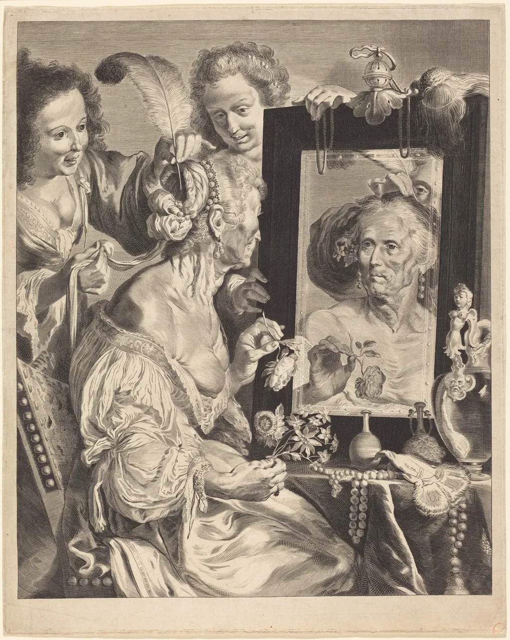 An Old Woman at the Toilet Table, by Jeremias Falck, ink, 1658