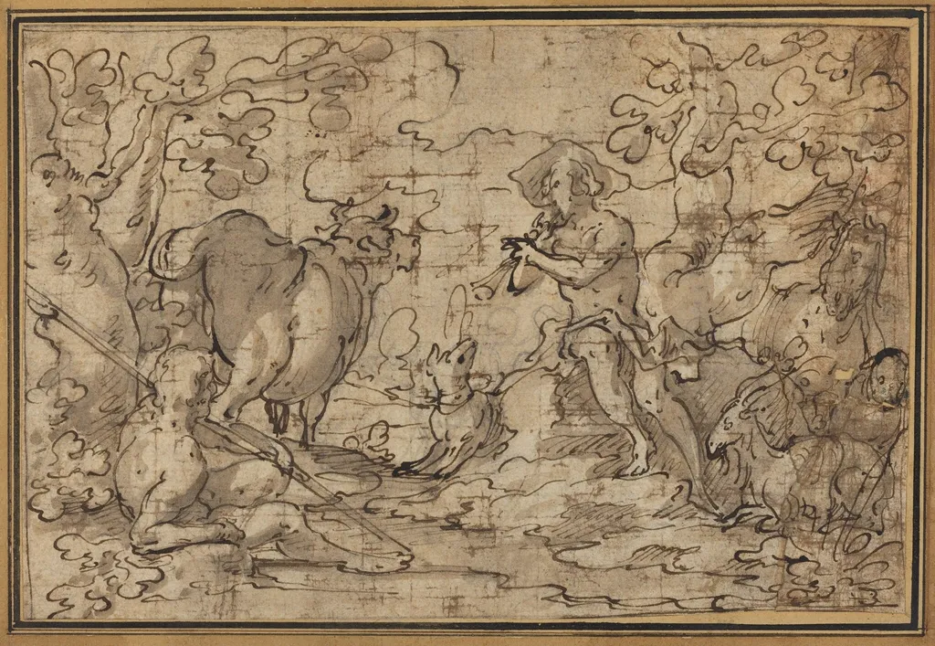 Mercury and Argus, by Joachim Anthonisz Wtewael, ink, 1602