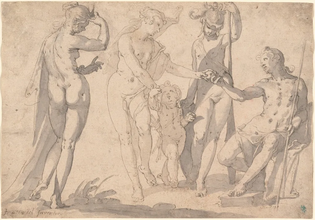 The Judgment of Paris, by Joachim Anthonisz Wtewael, chalk, 1615