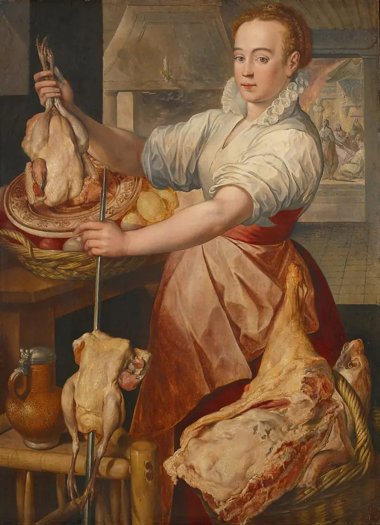 Cook (in the background Christ with Maria and Martha), by Joachim Beuckelaer