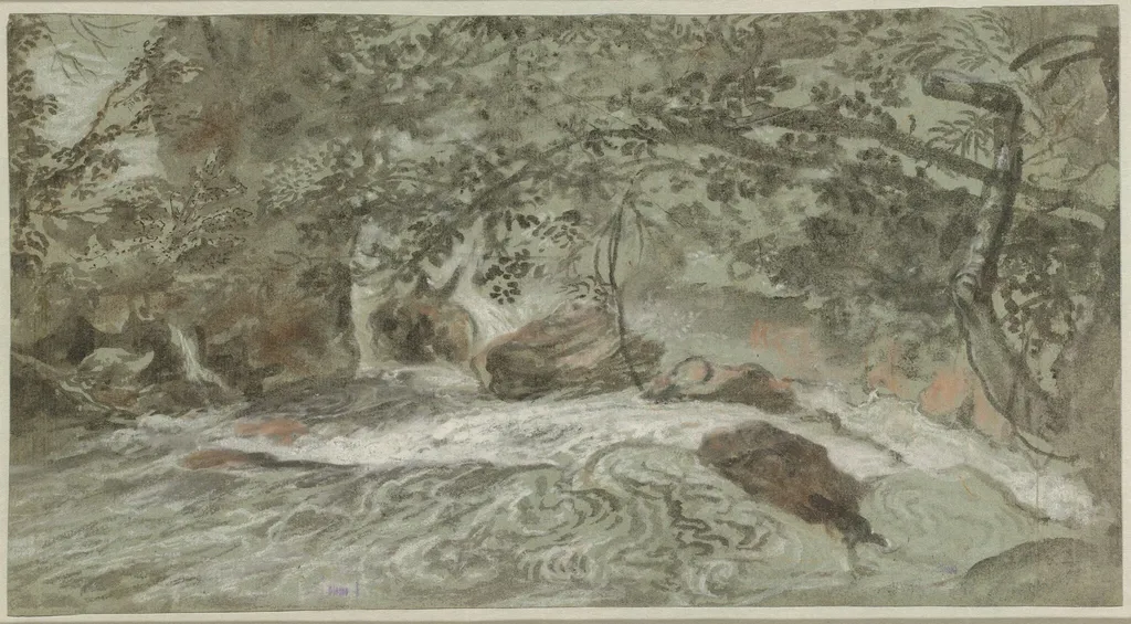 Rapids with Overhanging Branches (verso), by Joachim Franz Beich, ink, 1709