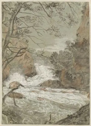 River Landscape with a Waterfall (recto), by Joachim Franz Beich