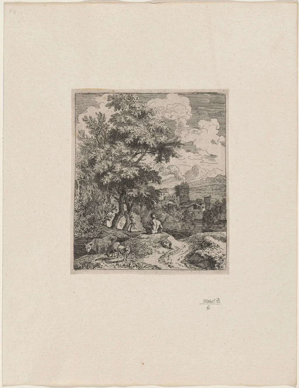 Shepherd with Cow and Two Sheep, by Joachim Franz Beich, ink, 1712