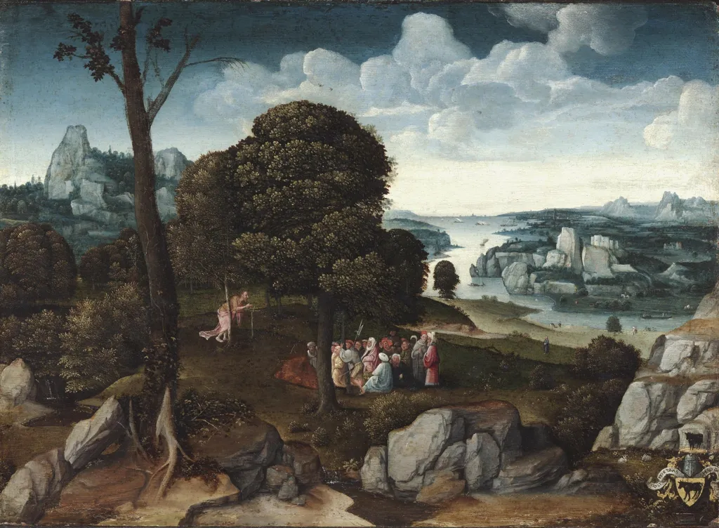 Landscape with Saint John the Baptist Preaching, by Joachim Patinir, oil, 1515