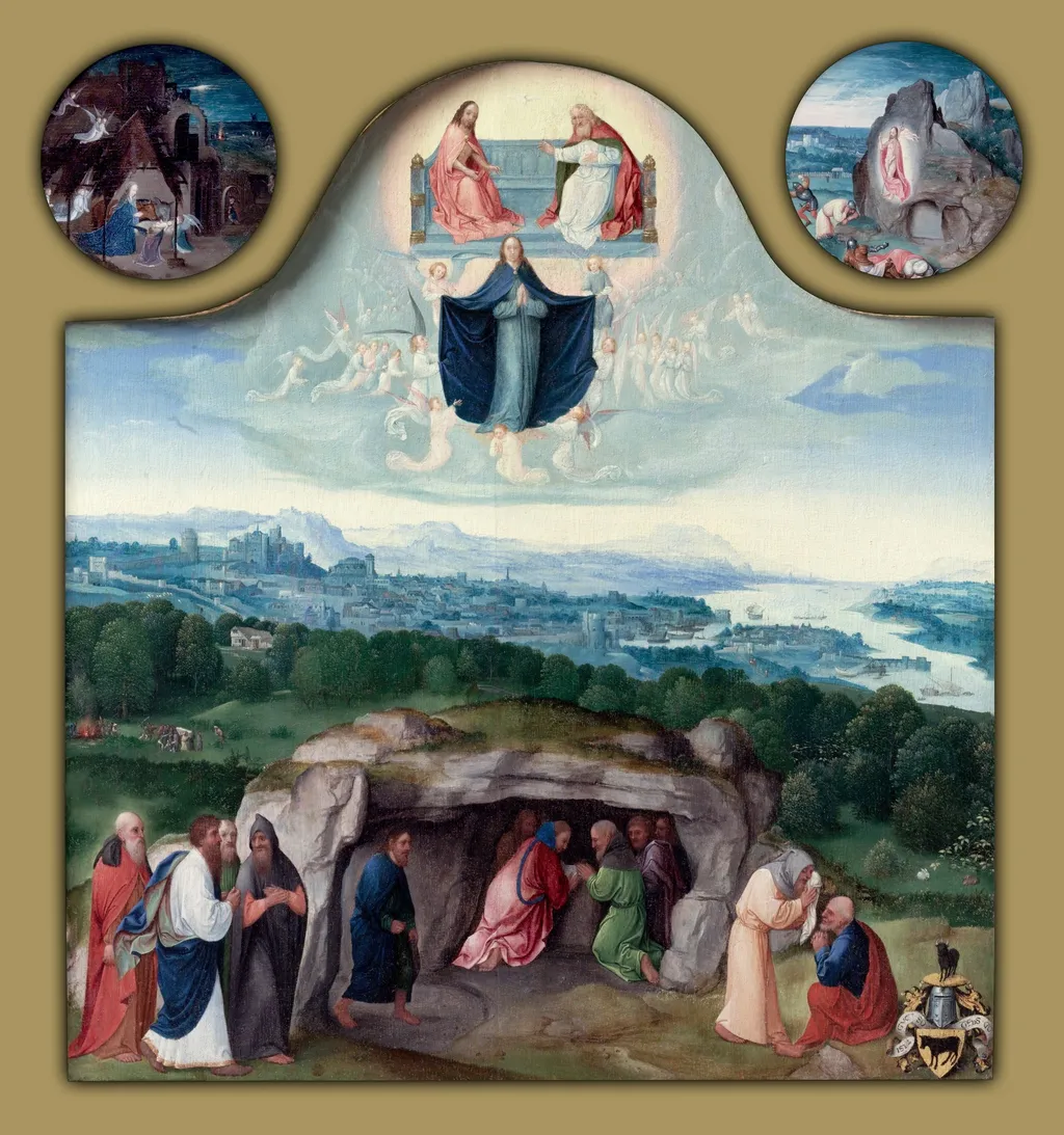 The Assumption of the Virgin, with the Nativity, the Resurrection, the Adoration of the Magi, the Ascension of Christ, Saint Mark and an Angel, and Saint Luke and an Ox, by Joachim Patinir, oil, 1510