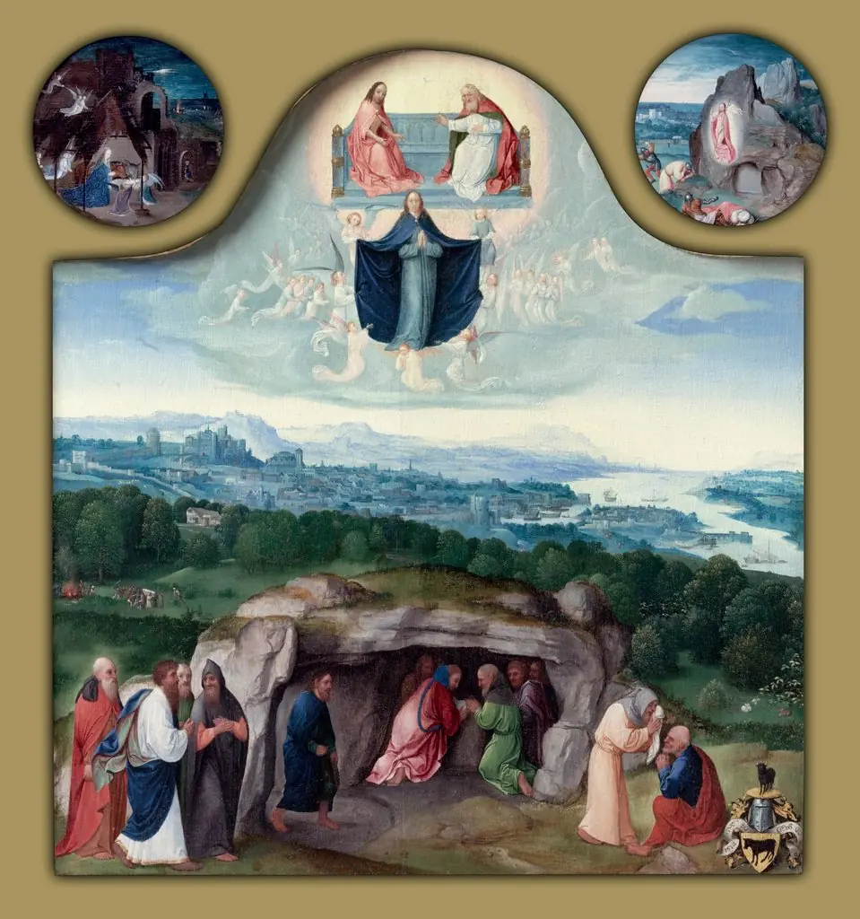 The Assumption of the Virgin, with the Nativity, the Resurrection, the Adoration of the Magi, the Ascension of Christ, Saint Mark and an Angel, and Saint Luke and an Ox, by Joachim Patinir