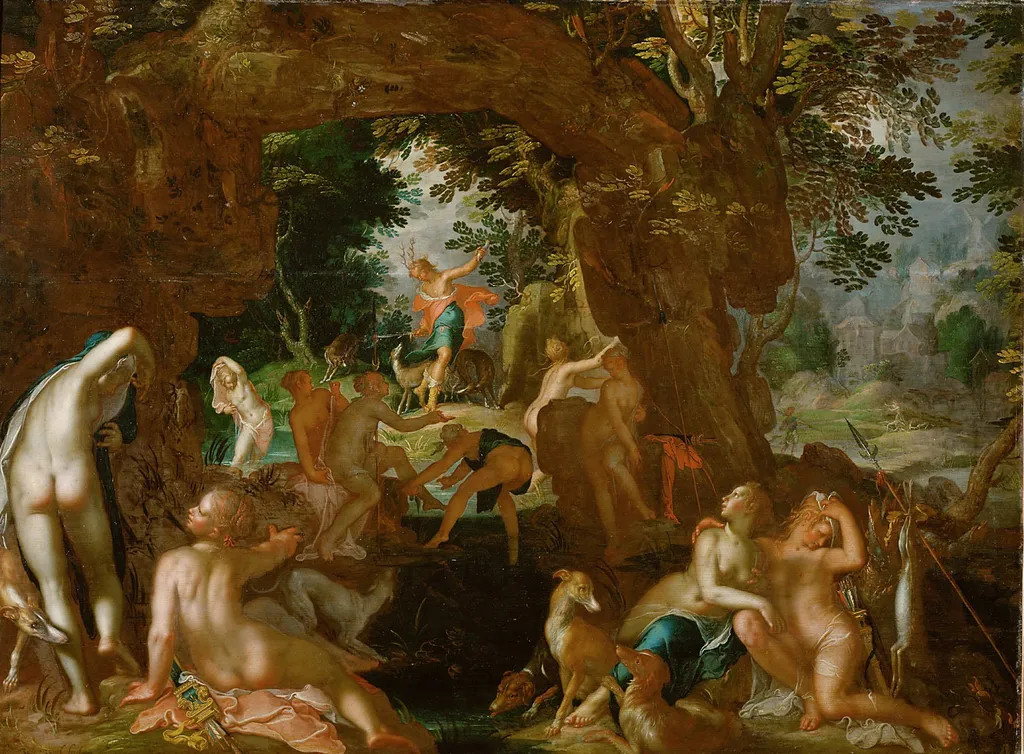 Actaeon is changed into a stag and killed by his own dogs, by Joachim Wtewael, oil, 1607