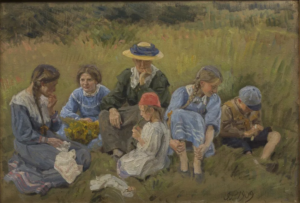 Hvile i engen. Kunstnerens hustru og børn, by Joakim Skovgaard, oil, 1909