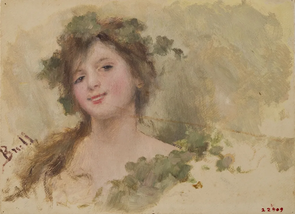 Smiling girl bust, by Joan Brull Vinyoles, oil, 1896
