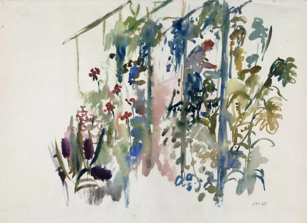 Man in a greenhouse, by Joan Hodes, watercolor, 1968