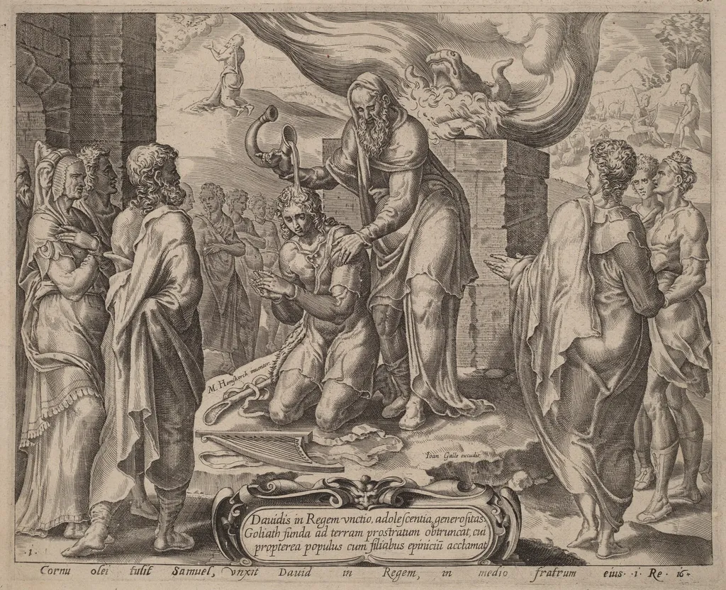 Samuel Anointing David, by Joannes Galle, ink, 1556