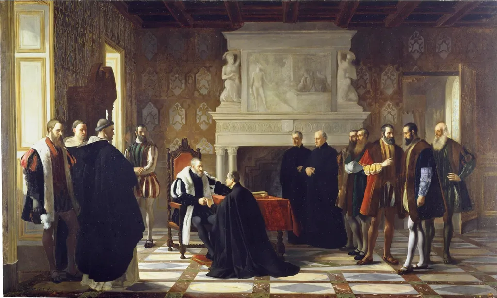 Carlos V recibe en Yuste la visita de San Francisco de Borja, by Joaquín María Herrer y Rodríguez, oil, 1862