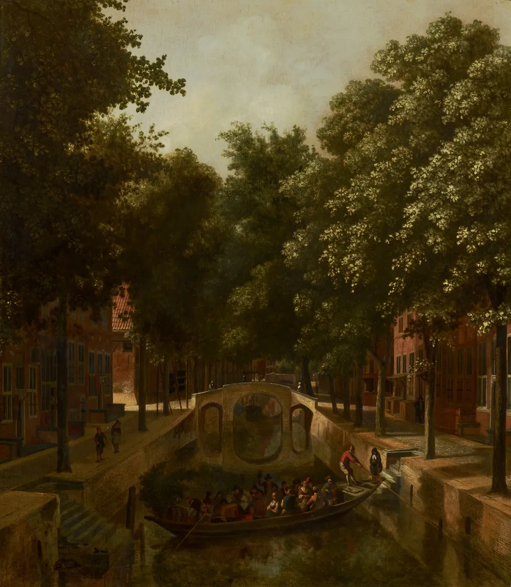 View of a Dutch Canal, possibly the Oude Gracht in Haarlem, by Job Adriaenszoon Berckheyde, oil, 1666