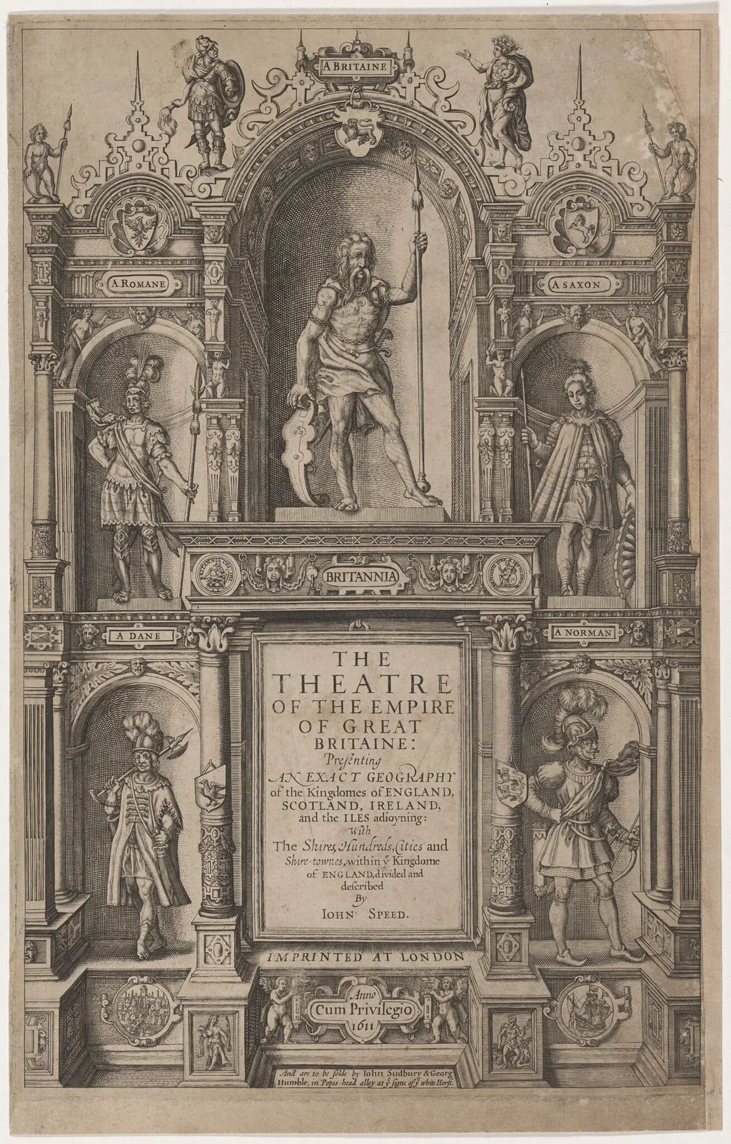 Title Page to "The Theatre of the Empire of Great Britaine" by John Speed, by Jodocus Hondius I, ink, 1611