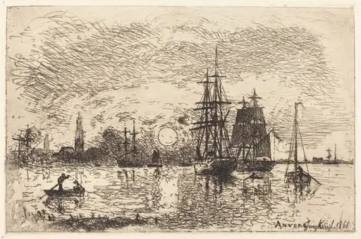 Soleil couchant, port d'Anvers (Sunset, Port of Antwerp), by Johan Barthold Jongkind