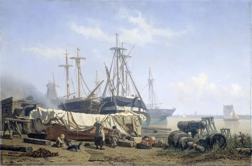 Midday break at a Shipyard on the Maas, by Johan Conrad Greive, unspecified, 1866