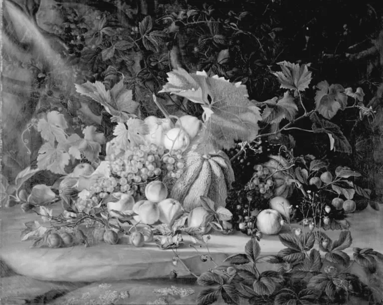Frugter på en klippeblok, by Johan Frederik Damm, oil, 1840