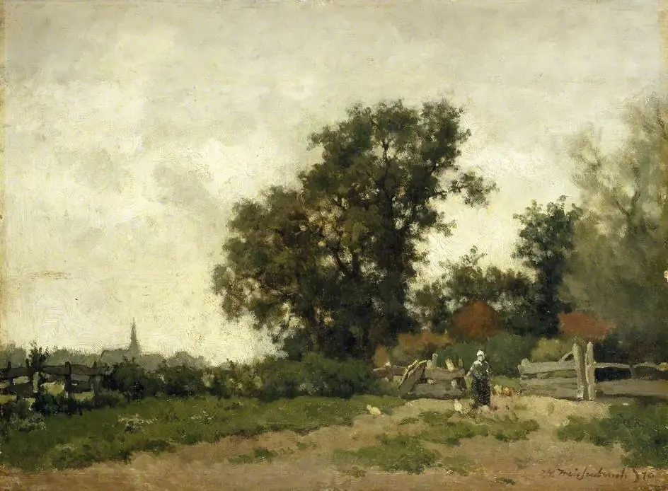 Landscape with a Peasant Girl feeding Chickens, by Johan Hendrik Weissenbruch