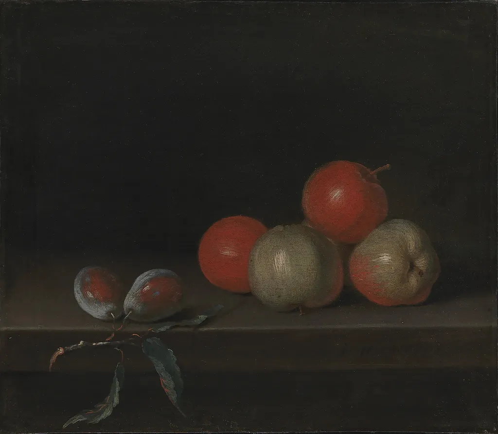 Apples and Peaches on a Table, by Johan Hörner, oil, 1744