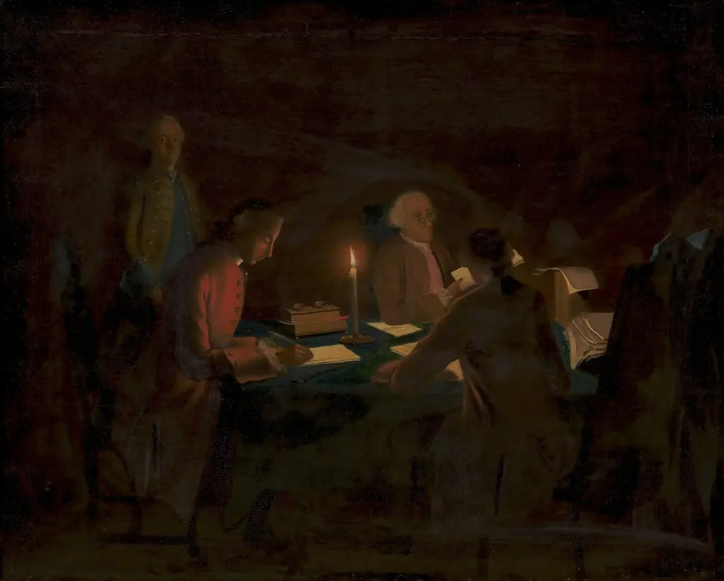 Interiør med en regnskabsfører og nogle skrivere ved stearinlys, by Johan Hörner