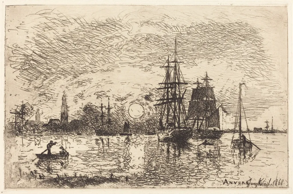 Soleil couchant, port d'Anvers (Sunset, Port of Antwerp), by Johan Jongkind, ink, 1868