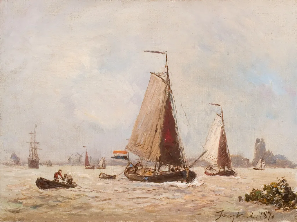 Zeilschepen voor de haven van Dordrecht, by Johan Jongkind, unspecified, 1870