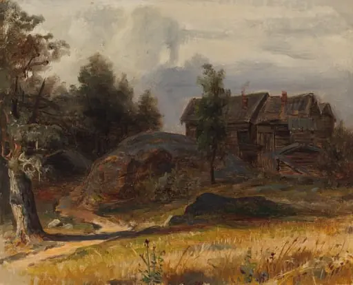 Harmaa hirsirakennus maisemassa, by Johan Knutson