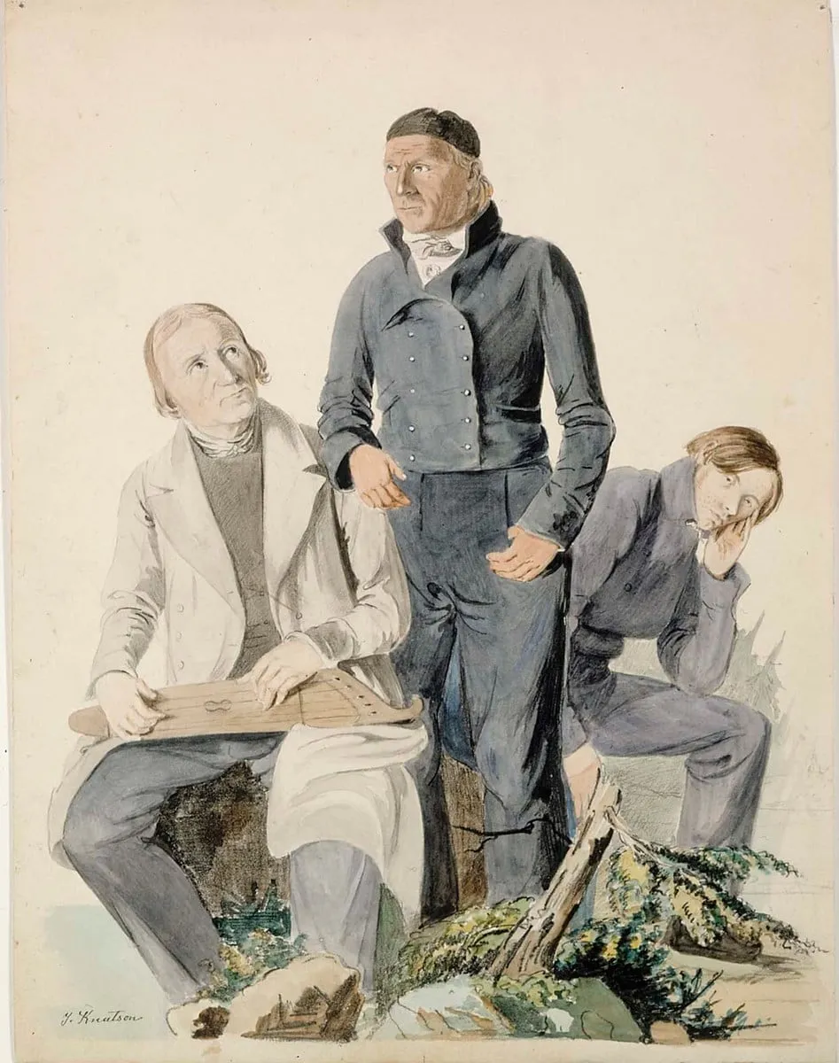 Kansanrunoilijat Olli Kymäläinen, Pietari Makkonen ja Antti Puhakka ; Kuvitusta R.Tengströmin teokseen, Finsk antologi., by Johan Knutson, unspecified, 1866