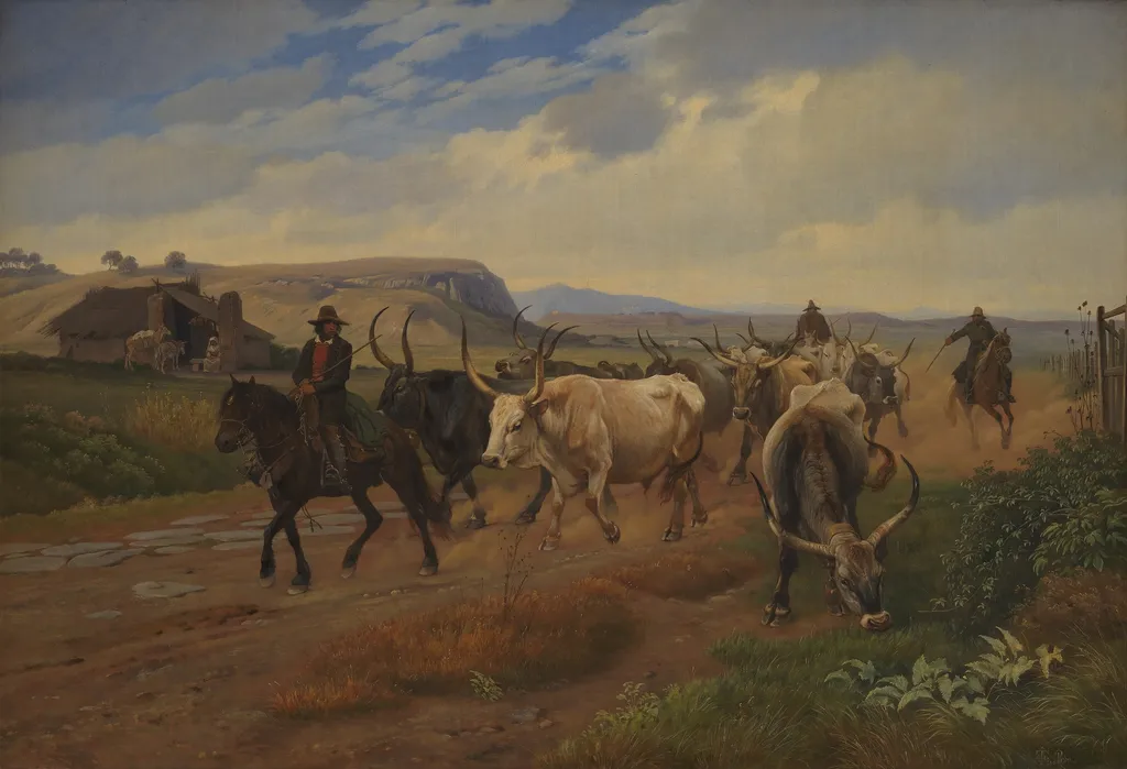 A Drove of Oxen in the Roman Campagna, by Johan Lundbye, oil, 1845