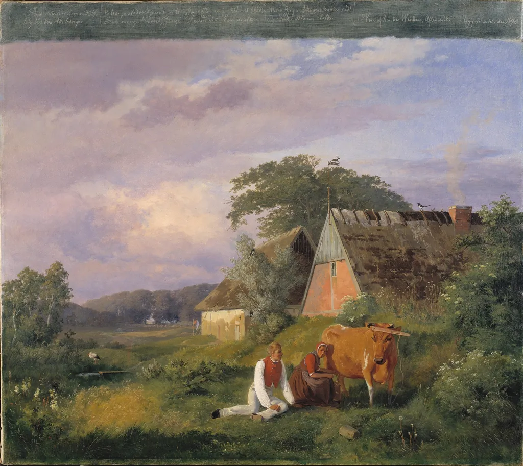 Milking scene. Illustrating a poem by Christian Winther, by Johan Lundbye, oil, 1841