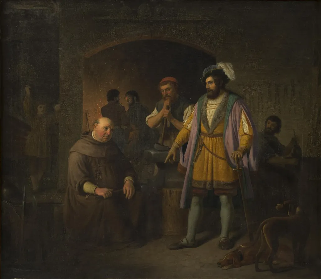 Jens Holgersen Ulfstand kurerer abbeden til Bækkeskov for hans fedme ved at tvinge ham til at arbejde i sin smedie, by Johan Peter Raadsig, oil, 1845