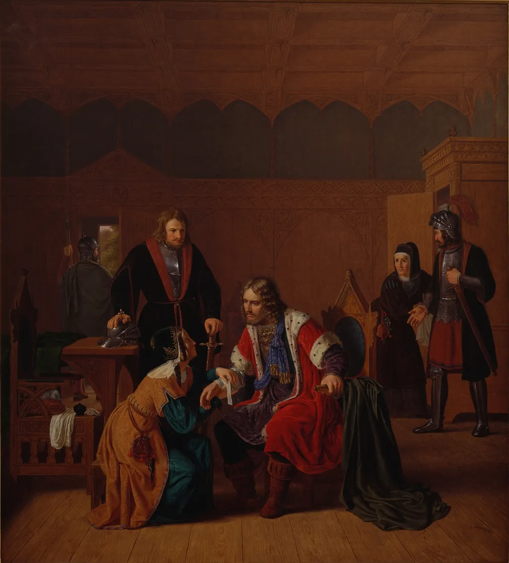 Valdemar the Great is welcomed at Absalon's mother's house, where he sought refuge after the Battle of Roskilde, by Johan Peter Raadsig, oil, 1840